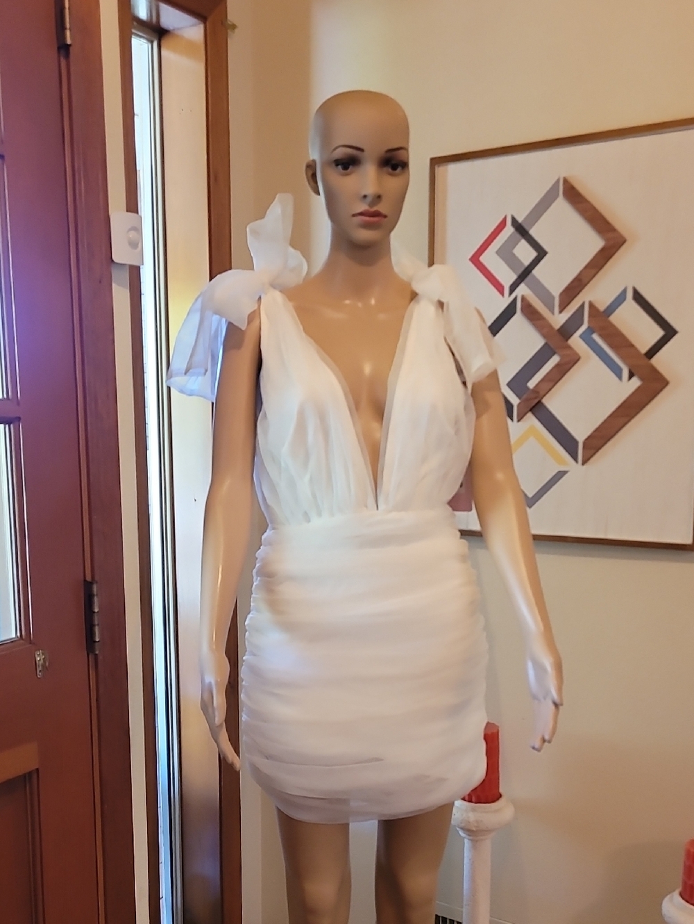 Hello Molly White Plunge Neck Tie-Shoulder Mini Dress